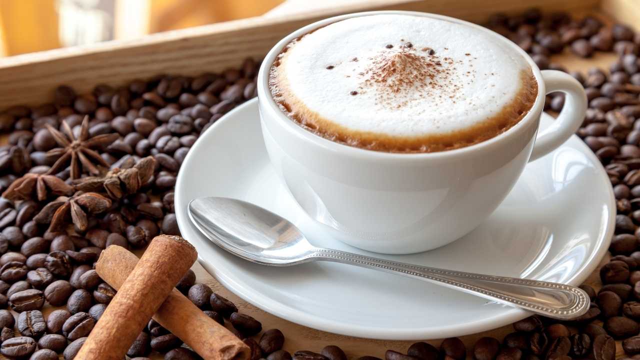 A cup of coffee with cinnamon and coffee beans on a tray.