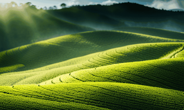 An image showcasing a serene tea plantation filled with lush, emerald-green oolong tea leaves