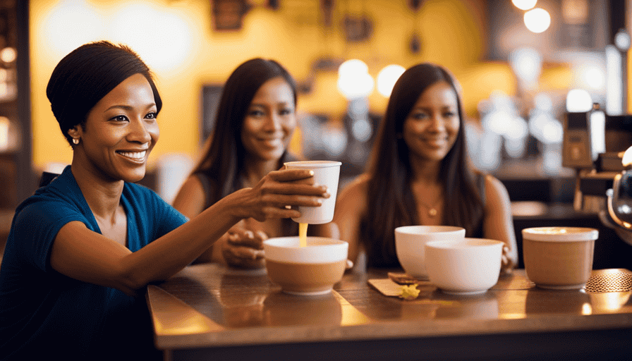 An image showcasing a vibrant coffee shop scene with customers enjoying colorful, visually enticing cold coffee beverages infused with healthy additives like turmeric, matcha, and collagen, while the shop promotes eco-friendly practices and fair trade partnerships