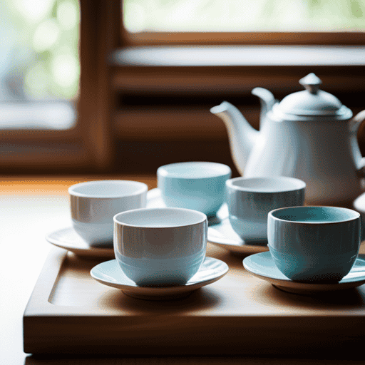 An image showcasing a wooden tray adorned with delicate porcelain teacups, filled with steaming cups of various herbal, green, black, oolong, and rooibos teas