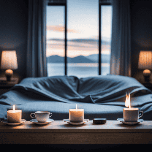 An image showcasing a serene bedroom scene with a cozy bed adorned with seven different steaming cups of sleep teas, each labeled with their unique ingredients, surrounded by calming elements like flickering candles and a book on sleep benefits