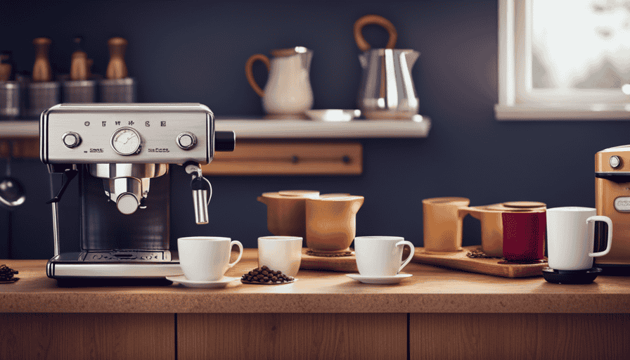 An image showcasing a cozy kitchen countertop adorned with seven retro coffee makers, each exuding vintage charm