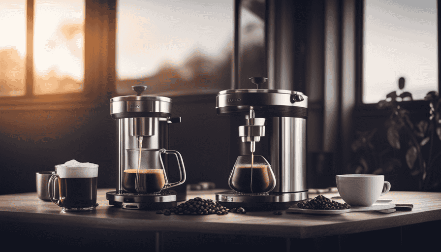 An image showcasing a diverse collection of coffee-making devices: a sleek espresso machine with steam wafting from a freshly brewed cup, a rustic French press, a shiny pour-over dripper, and a vintage percolator emitting aromatic vapor