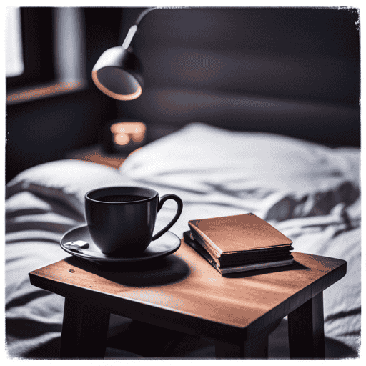An image of a serene, dimly-lit bedroom with a cozy armchair next to a wooden side table adorned with various herbal tea options, inviting the viewer to imagine the peacefulness of sipping a warm cup before bed