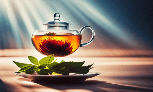 An image capturing the serene ritual of steeping Adagio Vanilla Rooibos tea: a delicate glass teapot adorned with blooming rooibos leaves, immersed in steaming water, diffusing its rich aroma into the air
