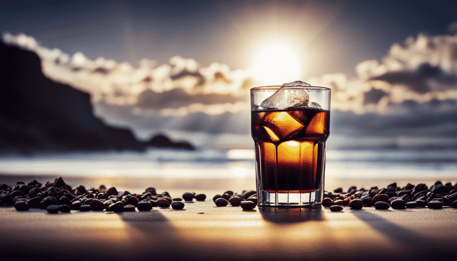 An image capturing a glass filled with ice cubes, with a slow pour of rich, dark coffee from an Aeropress, creating a mesmerizing swirl as it mingles with the cold, refreshing air