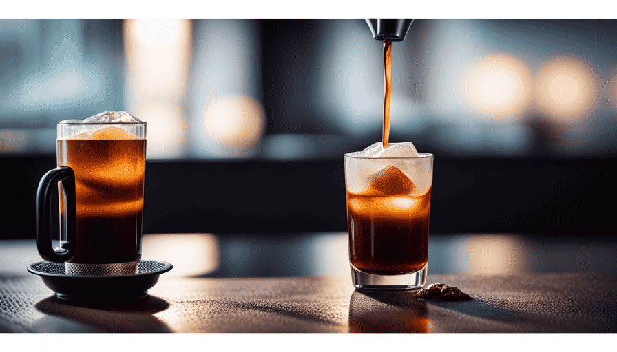 An image showcasing an Aeropress filled with ice, as coffee slowly drips into a glass beneath, capturing the vibrant colors of a freshly brewed cold brew