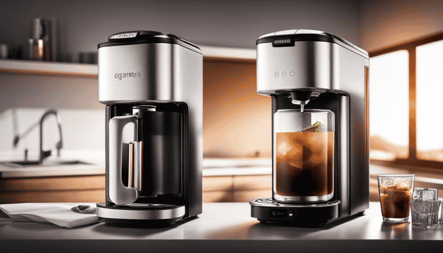 an enticing image of the Gourmia Iced Coffee Maker in action, showcasing its sleek design, precision brewing process, and the refreshing sight of a perfectly brewed iced coffee being poured into a glass with ice cubes glistening under the sunlight
