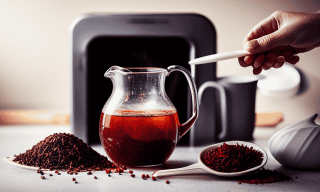An image capturing a serene kitchen scene with a freshly brewed pitcher of vibrant red Rooibos tea being carefully placed in the refrigerator, surrounded by a thermometer displaying the ideal temperature for prolonged preservation