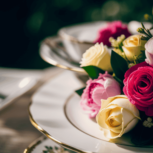An image showcasing a beautifully set table adorned with delicate vintage teacups, tiered cake stands filled with dainty pastries, and a floral centerpiece, evoking the charm and elegance of an afternoon tea party