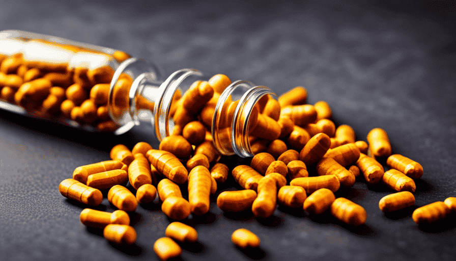 An image showcasing a vibrant close-up of Holland and Barrett Turmeric capsules, neatly arranged in a glass jar, surrounded by fresh turmeric roots, exuding a sense of natural goodness and health benefits