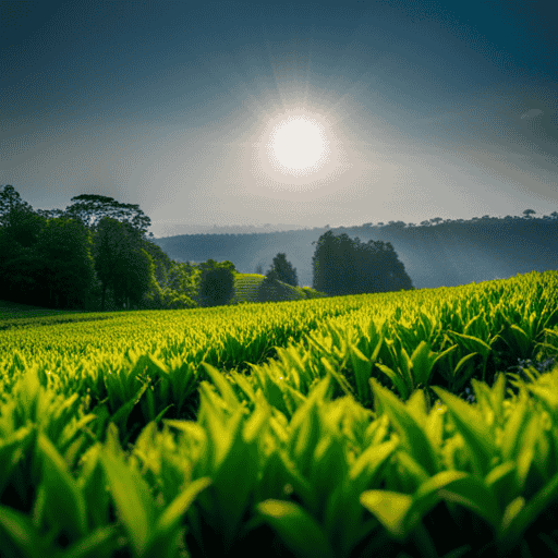 An image showcasing the vibrant Assamese tea gardens, with rows of lush, emerald green tea bushes stretching endlessly towards the horizon
