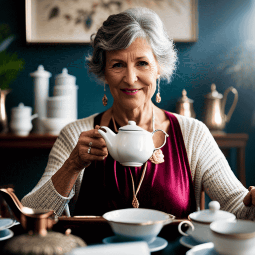 An image showcasing Karen Gardiner, founder of Artfultea, seated at a beautifully set tea table adorned with delicate porcelain teacups, an assortment of aromatic loose leaf teas, and an elegant teapot pouring steaming tea into a dainty teacup