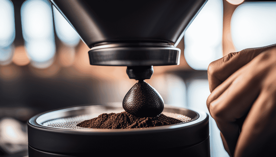 a close-up of the Baratza Encore coffee grinder in action, displaying a perfectly even grind size with uniform particles, emphasizing its ability to deliver consistent and precise grinds for any brewing method