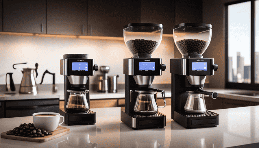 An image showcasing two sleek coffee grinders side by side on a countertop, capturing the Baratza Encore's minimalist design contrasted with the Virtuoso's sophisticated aesthetics, inviting readers to ponder the value of upgrading