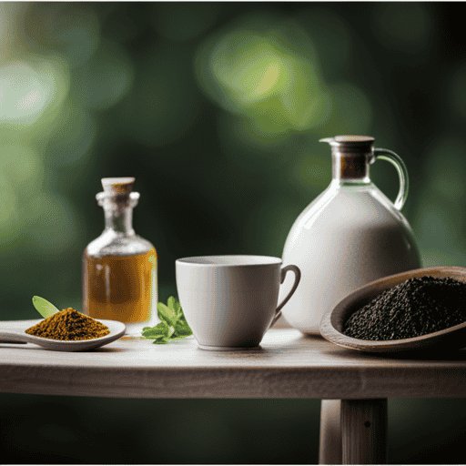An image showcasing a serene setting with a cup of herbal tea infused with bentonite clay, surrounded by various herbs and a bottle of apple cider vinegar