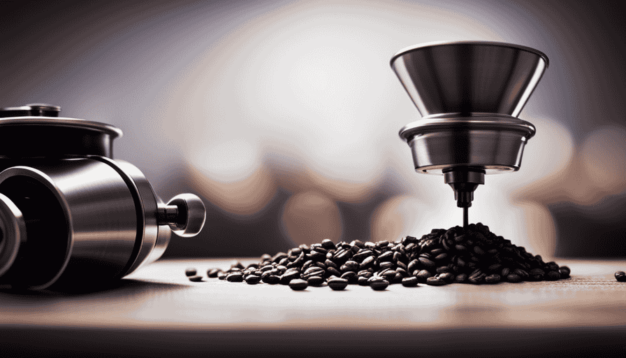 An image showcasing a sleek, stainless steel coffee grinder, with its burrs in action, grinding fresh, aromatic coffee beans to a consistent, medium-fine grind size, ideal for achieving a flawless pour-over extraction