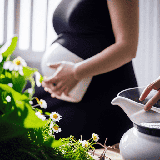 An image showcasing a serene, sunlit garden with a pregnant woman cradling her belly, surrounded by a vibrant array of chamomile, ginger, and raspberry leaf plants, symbolizing the best herbal teas for expectant mothers