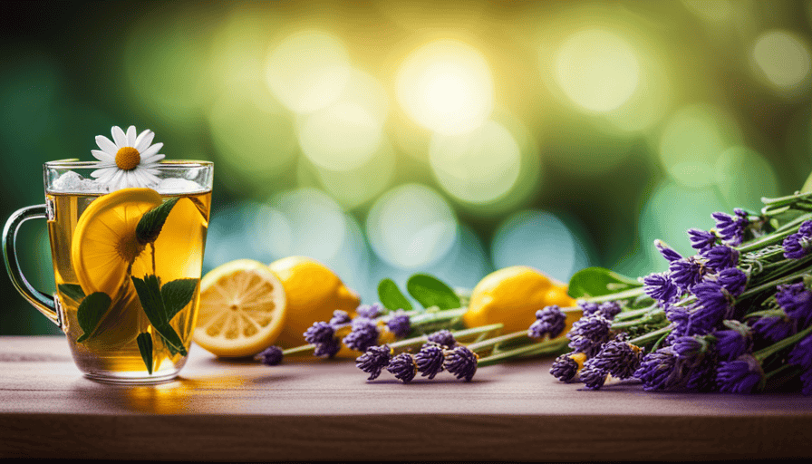 An image displaying a steaming cup of chamomile tea, adorned with fragrant lavender buds and a slice of lemon