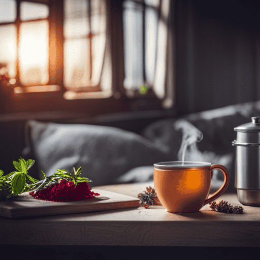 An image showcasing a cozy, dimly lit room with a steaming mug of aromatic chamomile tea, surrounded by a selection of vibrant herbal ingredients such as ginger, lemon, and mint