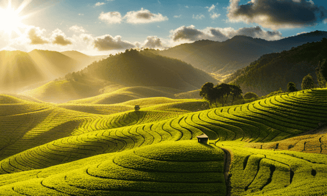 An image showcasing a serene tea plantation nestled amidst rolling green hills, with a charming rustic tea house in the foreground, inviting readers to explore the best places to buy exquisite Oolong tea