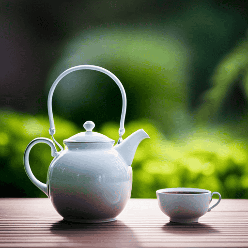 An image showcasing a vibrant teapot filled with delicate loose leaf tea, surrounded by a lush green tea garden