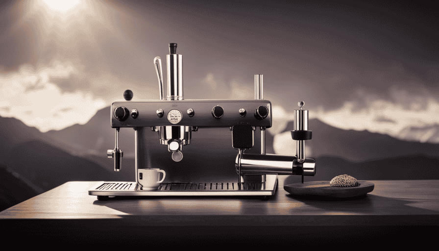 An image capturing the Bezzera Strega, a robust lever espresso machine, featuring its sleek stainless steel body, a lever handle poised for extraction, and a steam wand producing velvety microfoam