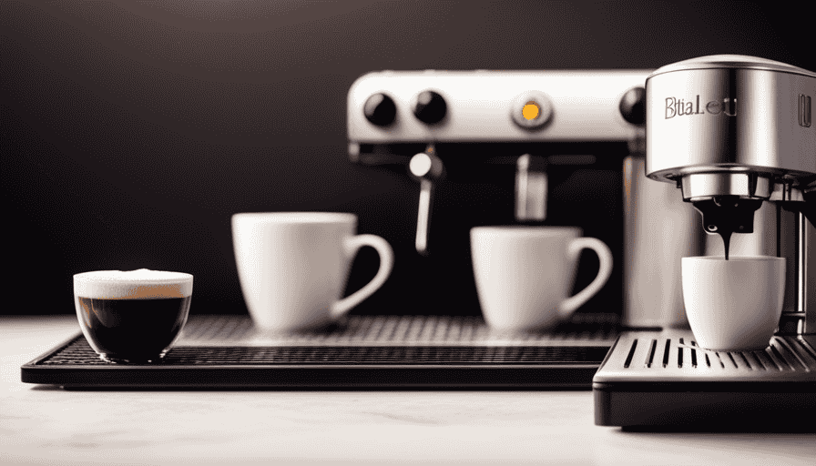 An image showcasing a sleek, contemporary kitchen countertop with a Bialetti Brikka espresso maker proudly displayed next to a perfectly brewed cup of frothy coffee, exuding an irresistible aroma