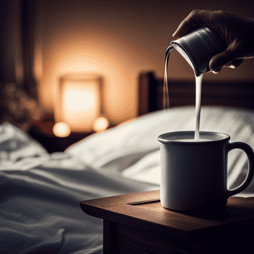 An image of a serene, moonlit bedroom with a steaming mug of Bigelow Herbal Tea Sweet Dreams placed on a nightstand