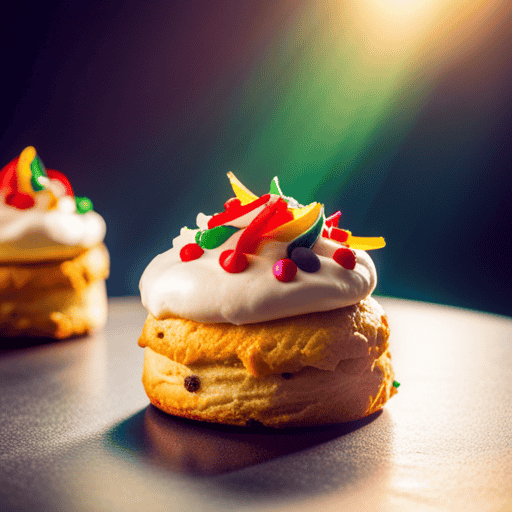 An image capturing the essence of birthday cake scones: a golden-brown scone, tender and flaky, adorned with vibrant rainbow sprinkles