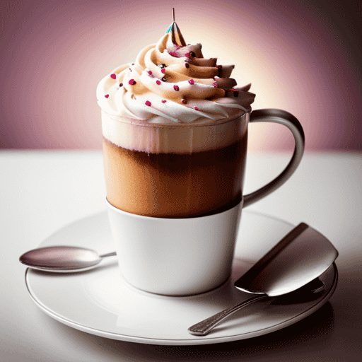 An enticing image of a steaming cup filled with creamy, pastel pink birthday cake tea latte, adorned with rainbow sprinkles and topped with a dollop of whipped cream, inviting readers to savor this delightful treat
