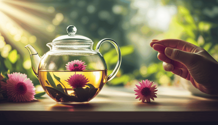 An image showcasing the delicate beauty of blooming tea, capturing a transparent teapot gently pouring water over a vibrant flower bulb, surrounded by lush green leaves and sunlight filtering through a window