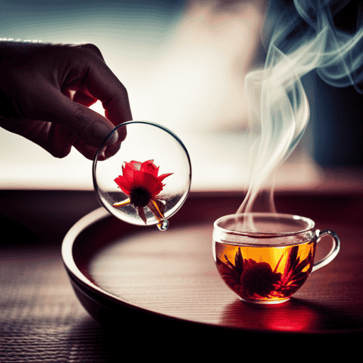An image capturing the delicate art of measuring blossoming flower tea: a graceful hand gently pouring hot water into a transparent teapot, showcasing the vibrant unfurling petals amidst swirling aromatic steam