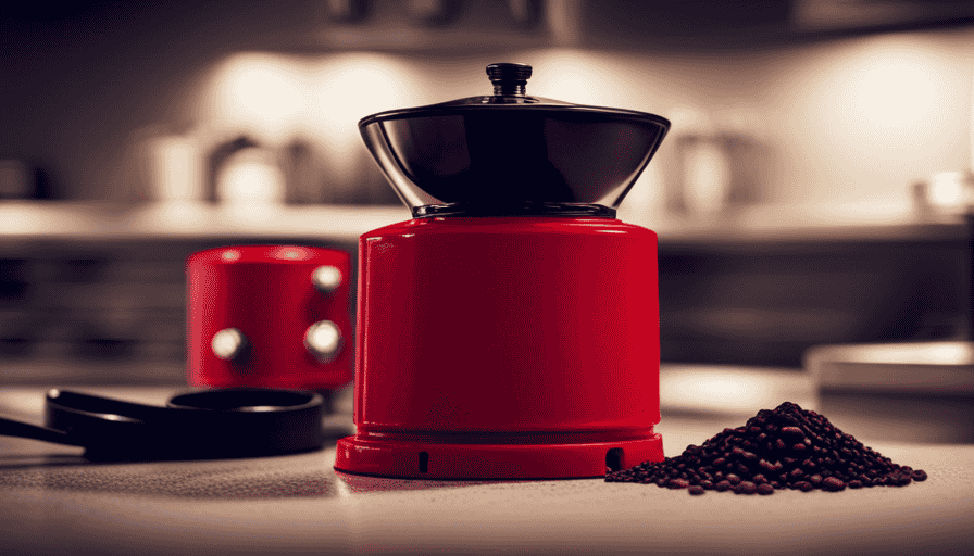 An image showcasing a sleek, vibrant red Bodum Bistro coffee grinder on a kitchen countertop