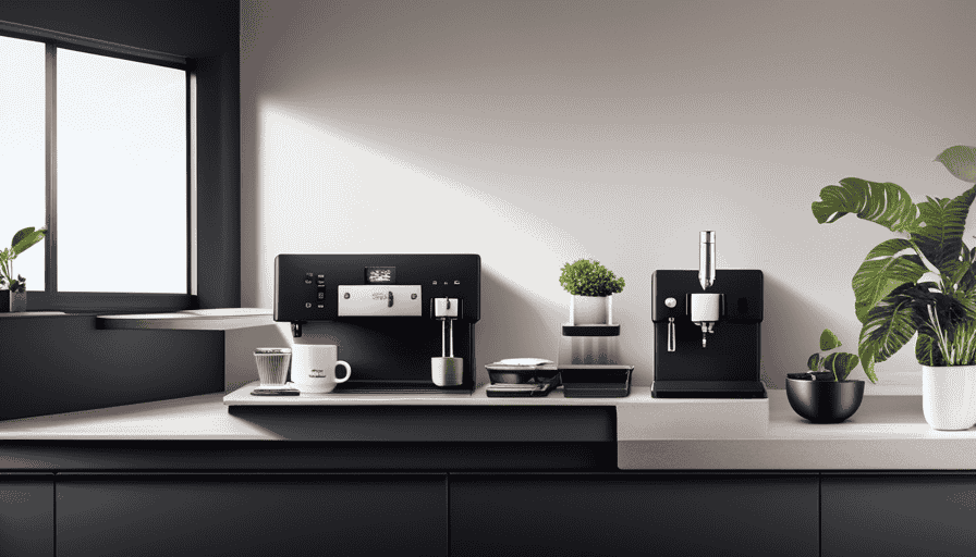 An image showcasing a sleek, modern office kitchenette with a state-of-the-art espresso machine prominently displayed on a clean countertop