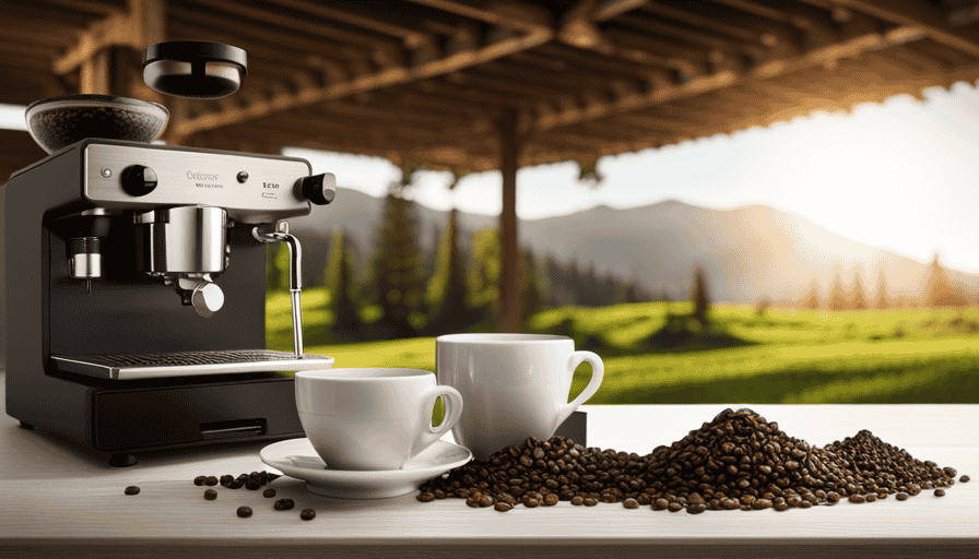 An image that showcases a rustic, wooden coffee station with a sleek, stainless steel espresso machine, surrounded by vibrant green coffee beans, a ceramic dripper, and a delicate, porcelain cup filled to the brim with rich, aromatic Brazilian coffee