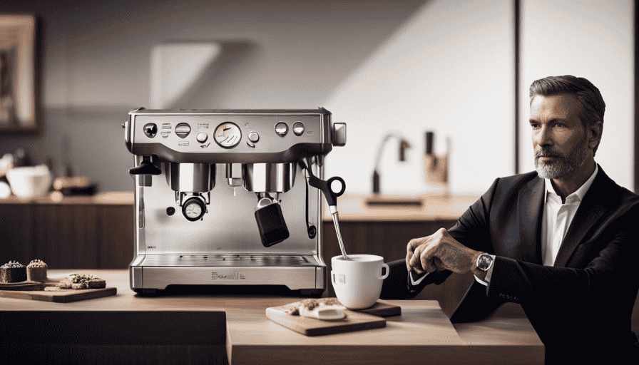 An image showcasing the Breville Barista Express in action; capture the machine's sleek stainless steel finish, vibrant control panel, and steam wand, producing a rich, aromatic shot of espresso, topped with a velvety layer of crema