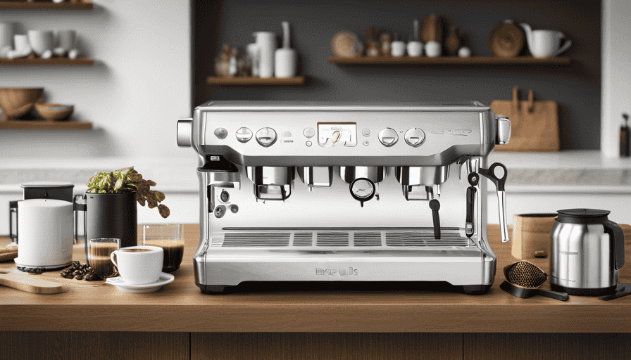 the sleek, stainless steel exterior of the Breville Barista Pro, adorned with a vibrant, illuminated display panel