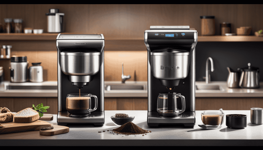 An image showcasing the Breville Smart Grinder Pro in action, capturing its sleek stainless steel design, precise grind settings displayed on the LCD screen, and aromatic coffee grounds filling the container