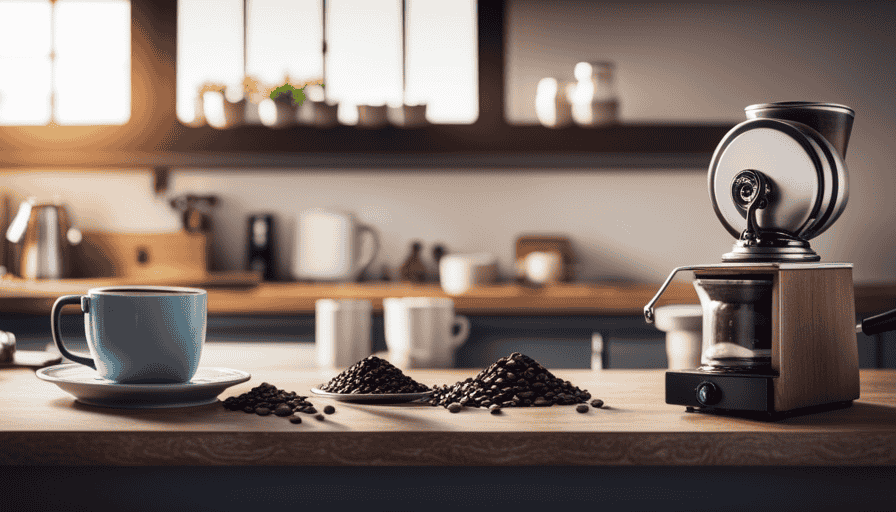 An image showcasing a cozy kitchen countertop adorned with a gleaming stainless steel coffee grinder, a precise pour-over kettle releasing a steady stream of hot water, and a perfectly brewed cup of aromatic coffee in a delicate ceramic mug