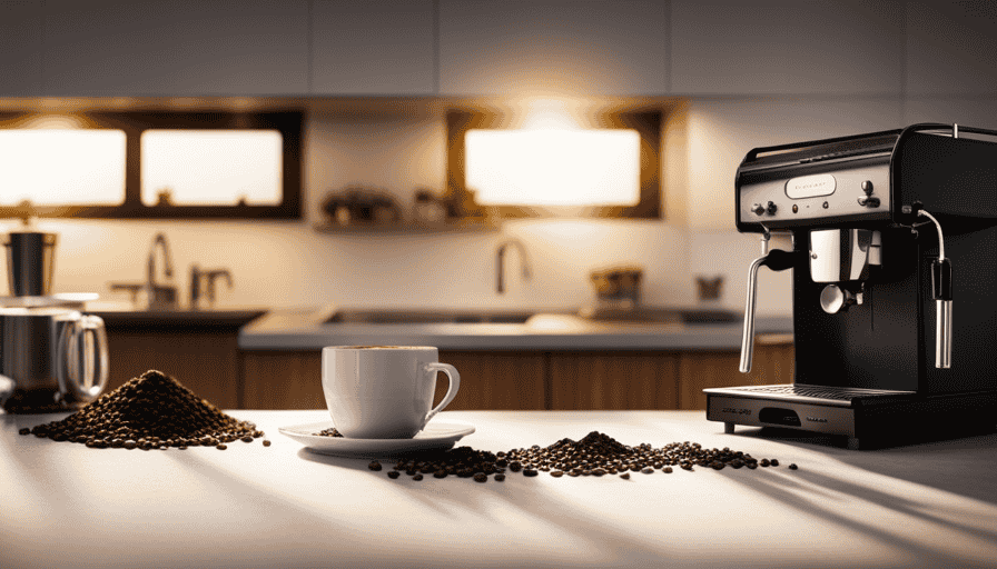 An image showcasing a sun-kissed kitchen counter with a sleek espresso machine, a steam wand releasing velvety milk, a precision scale, and a pour-over dripper, surrounded by freshly ground coffee beans and vibrant green coffee leaves