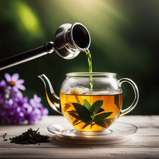 An image showcasing a serene scene of a dainty teapot pouring steaming herbal tea into a delicate, transparent cup