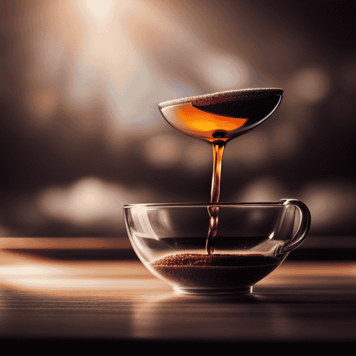An image showcasing a translucent glass teacup, delicately suspended mid-air, pouring a luscious stream of velvety brown sugar syrup into a steaming cup of tea, capturing the essence of sweet indulgence