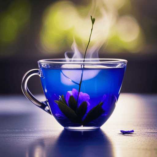An image showcasing a delicate, pastel-hued teacup cradling a steaming brew of butterfly pea flower tea
