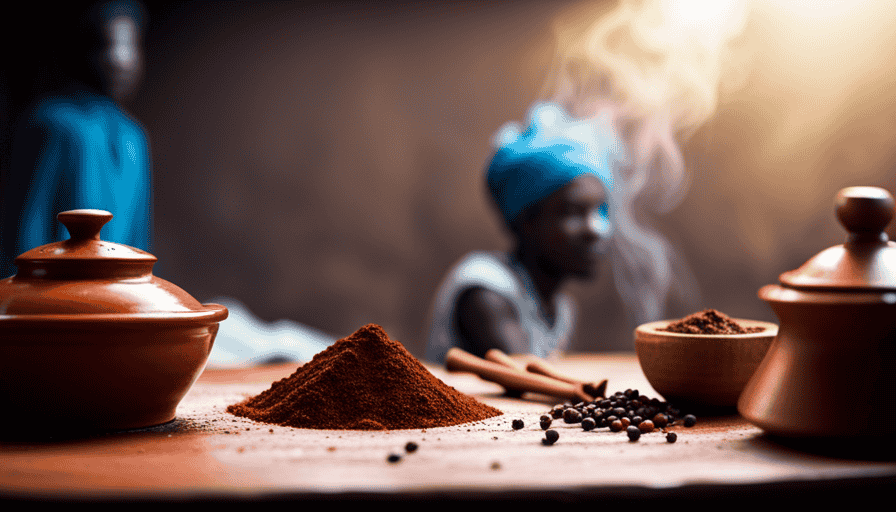 An image showcasing a traditional Senegalese coffee ceremony: A vibrant, terracotta-colored clay pot brewing aromatic Café Touba, surrounded by vibrant spices like cloves, cinnamon, and peppercorns, exuding warmth and richness