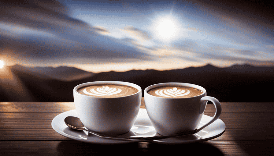 An image showcasing two porcelain cups, each filled to the brim with a creamy, velvety coffee drink