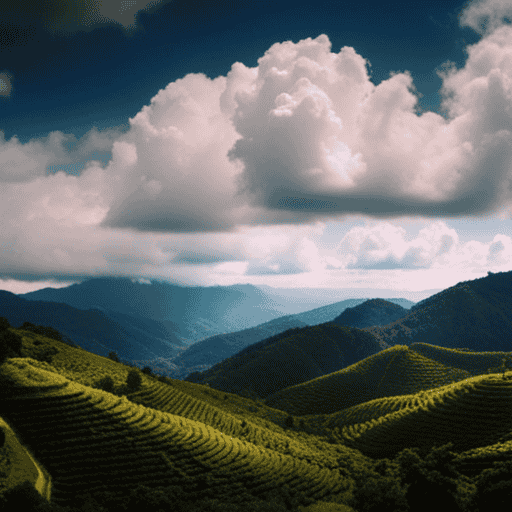 An image showcasing the vibrant Cafe Centroamericano: lush coffee plantations nestled between gently rolling hills, a diverse array of coffee cherries in rich hues, and local farmers tending to their crops with care