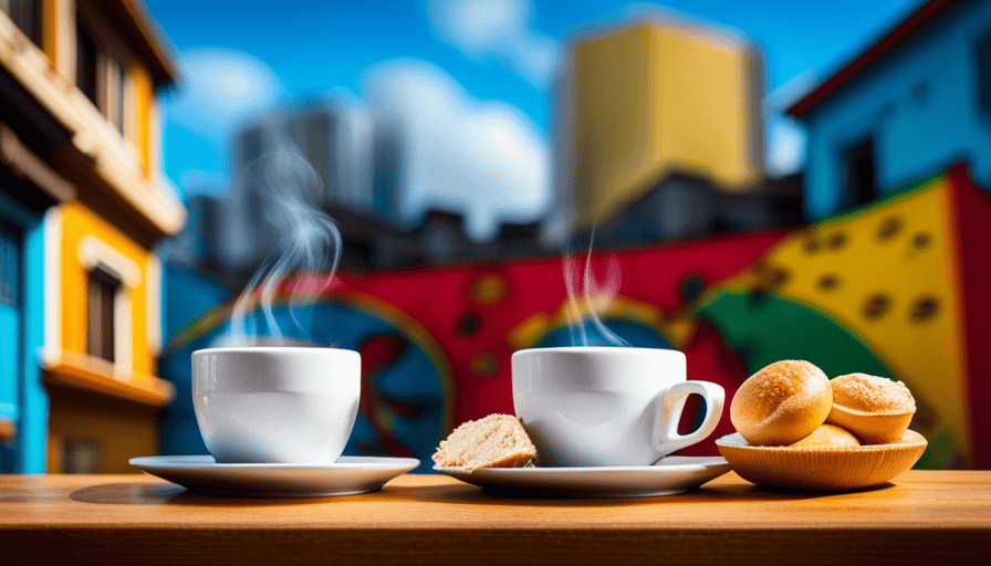 An image capturing the essence of Brazilian cafezinho: a small, steaming cup filled with rich, dark coffee, accompanied by a plate of pão de queijo, all set against a backdrop of vibrant, colorful street art