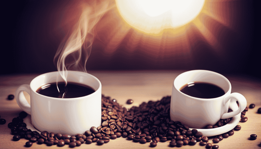 An image showcasing two contrasting mugs, one filled with steaming black coffee, the other with vibrant caffeine pills spilling out