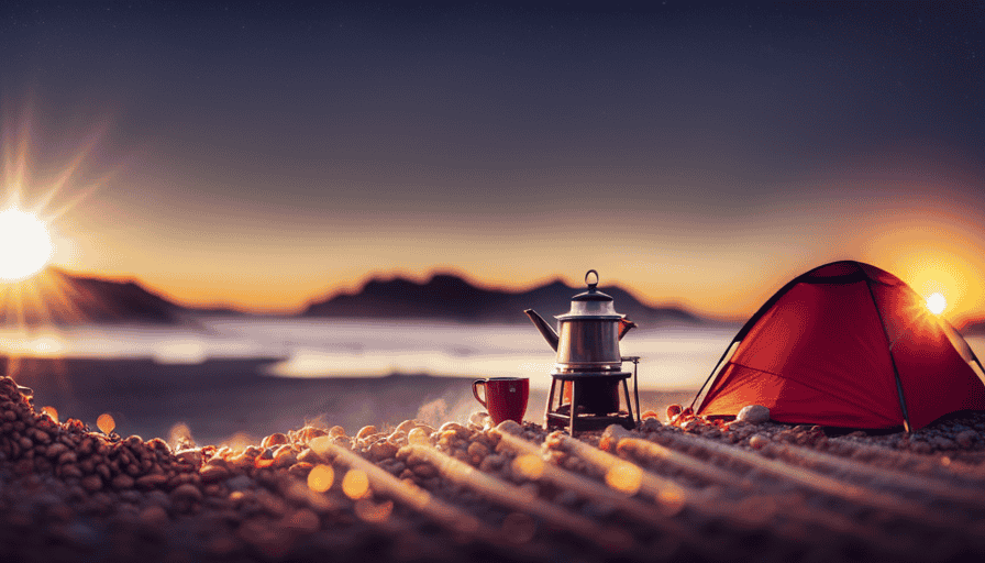 An image showcasing a serene campsite scene at dawn, with a steaming enamel coffee pot perched on a campfire, surrounded by a meticulously arranged array of coffee brewing gear and fresh coffee beans